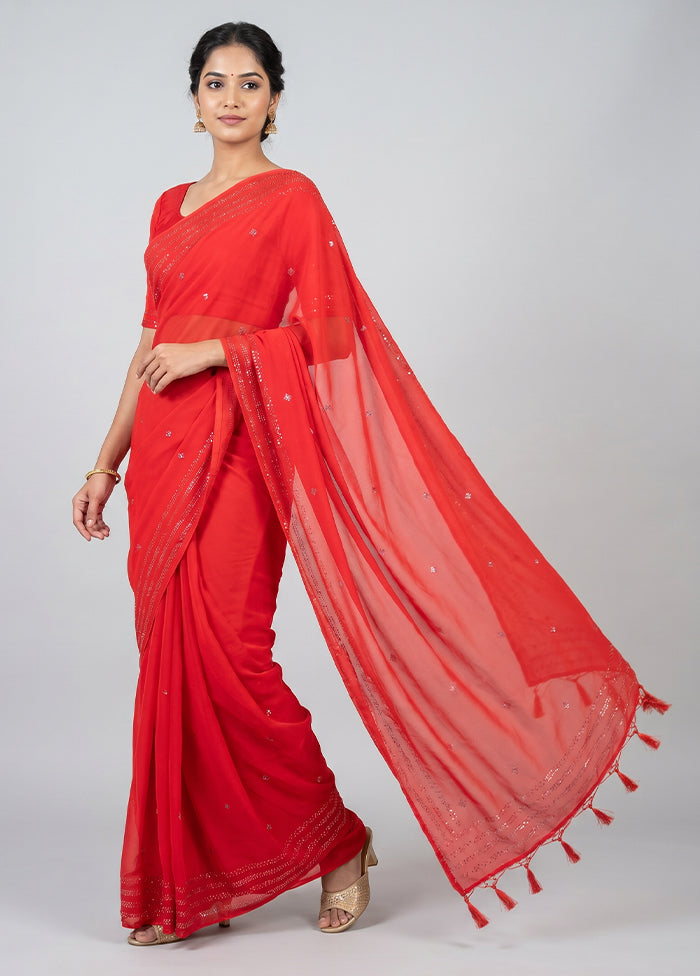 Red Chiffon Silk Saree With Blouse Piece