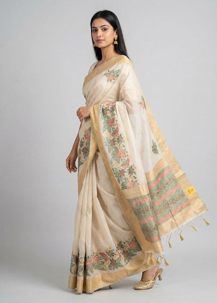 Cream Dupion Silk Saree With Blouse Piece
