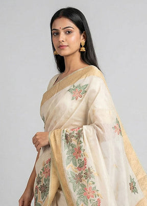 Cream Dupion Silk Saree With Blouse Piece