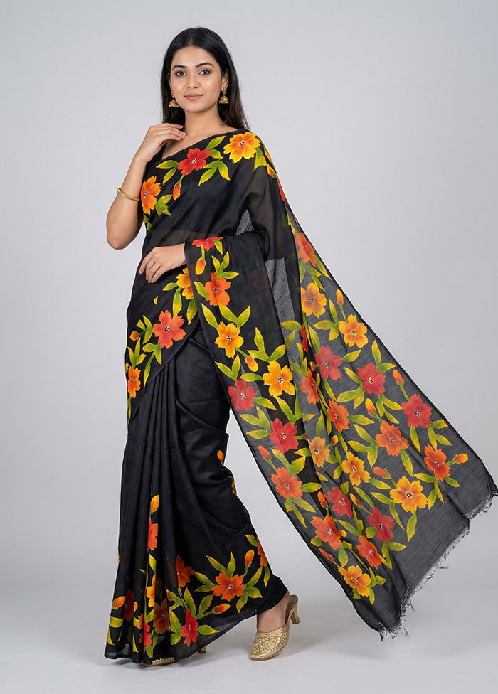 Black Printed Silk Saree Without Blouse Piece