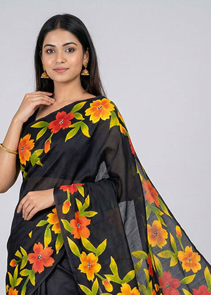 Black Printed Silk Saree Without Blouse Piece