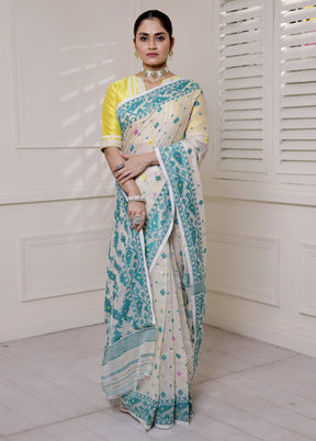Cream Tant Jamdani Saree Without Blouse Piece