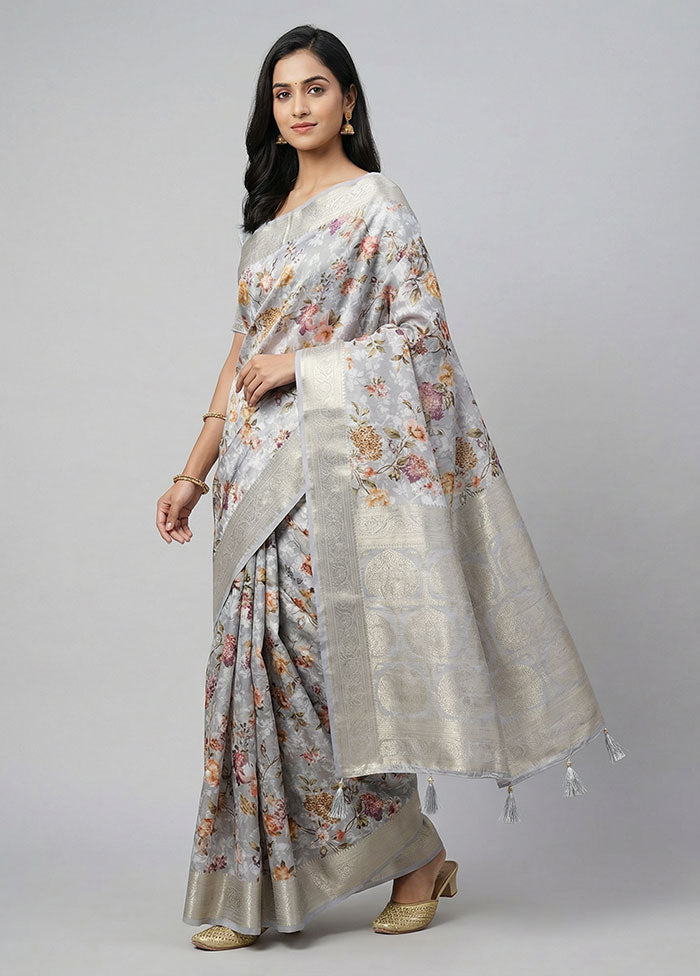 Grey Dupion Silk Saree With Blouse Piece