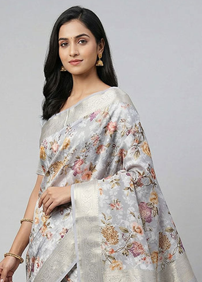 Grey Dupion Silk Saree With Blouse Piece