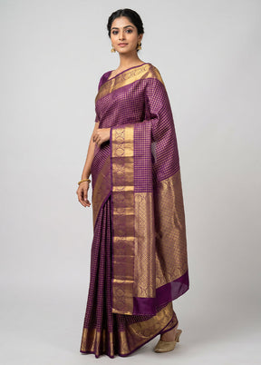 Purple Handloom Kanchipuram Pure Silk Saree With Blouse Piece