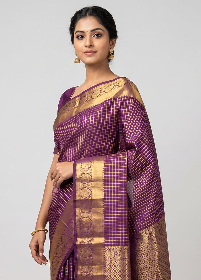 Purple Handloom Kanchipuram Pure Silk Saree With Blouse Piece