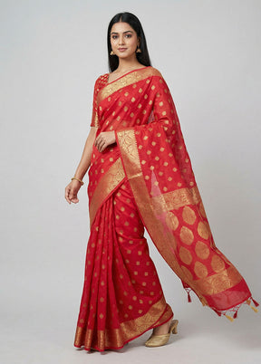 Red Dupion Silk Saree With Blouse Piece