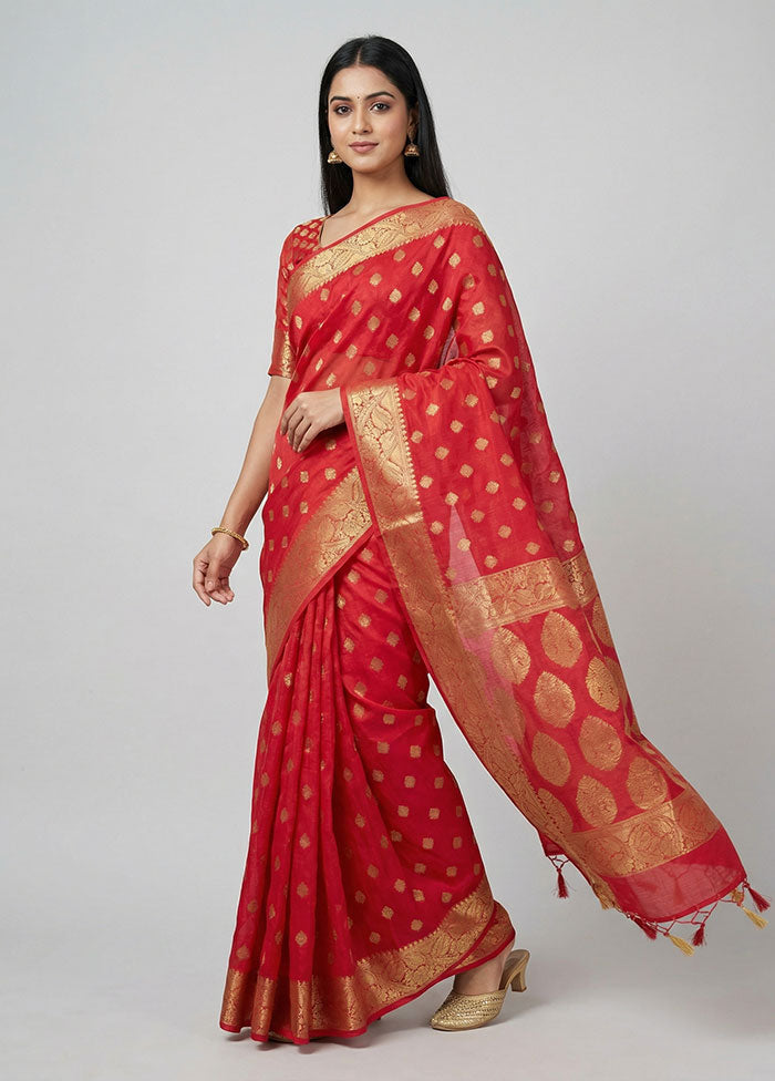 Red Dupion Silk Saree With Blouse Piece