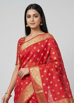 Red Dupion Silk Saree With Blouse Piece