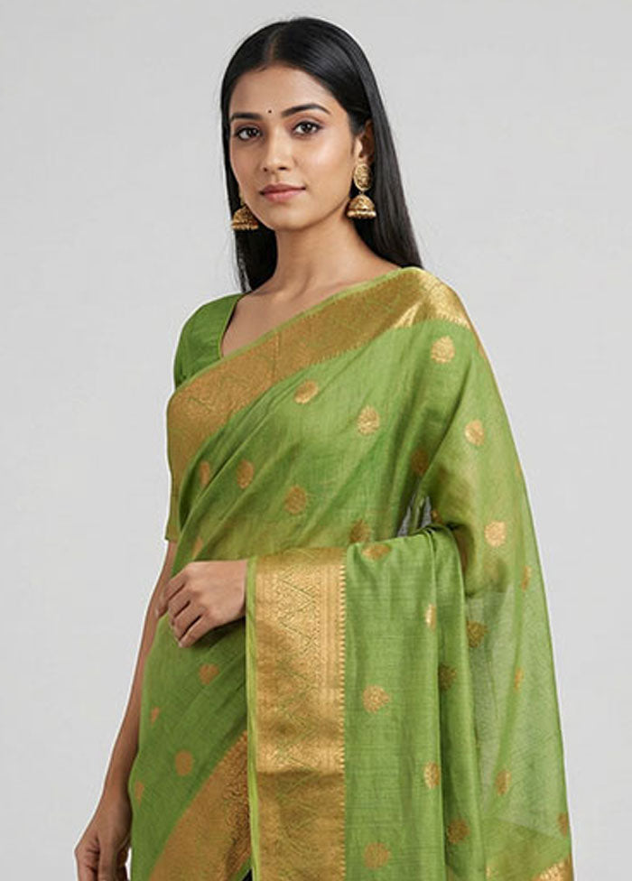 Green Dupion Silk Saree With Blouse Piece