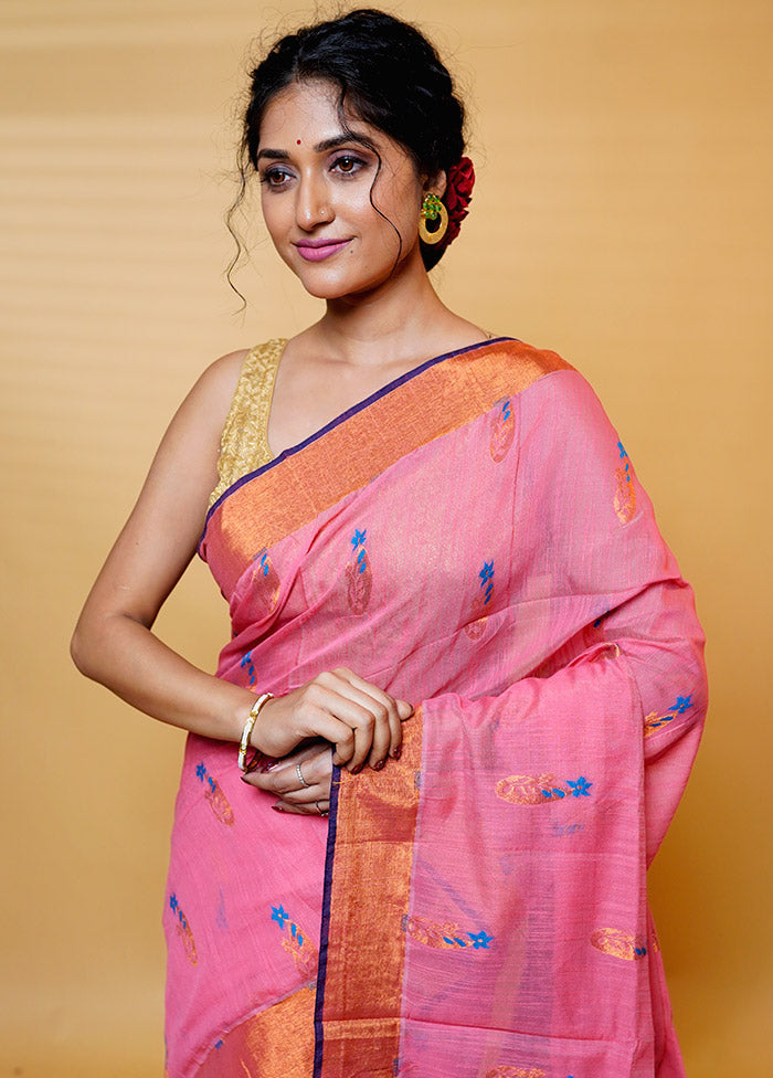 Pink Cotton Saree With Blouse Piece