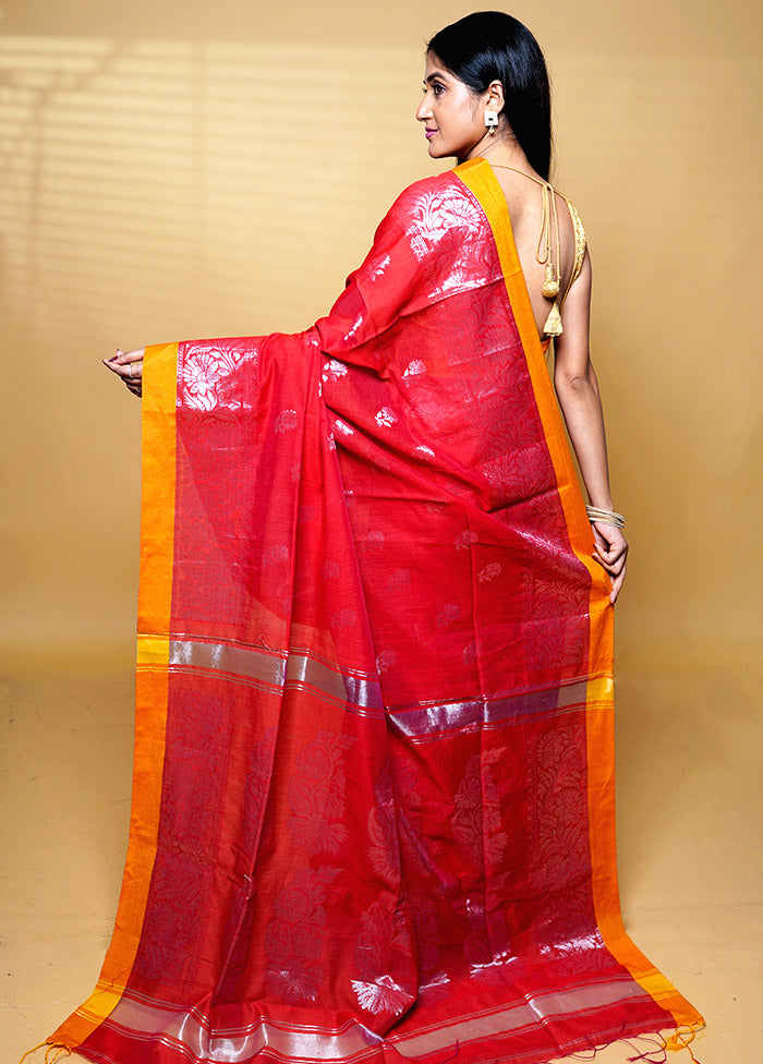 Red Cotton Saree With Blouse Piece