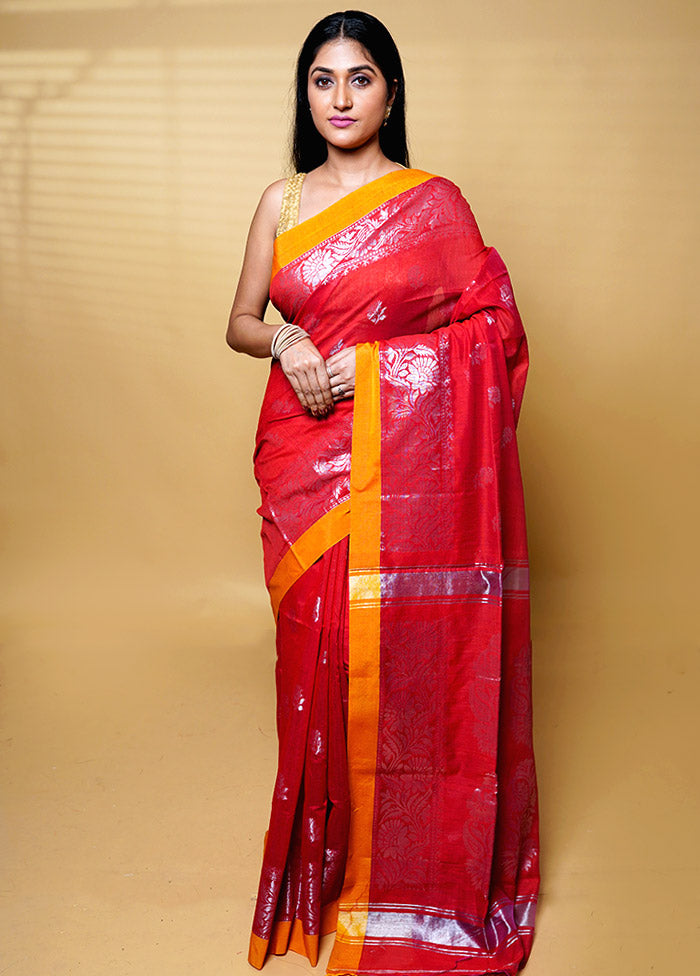 Red Cotton Saree With Blouse Piece