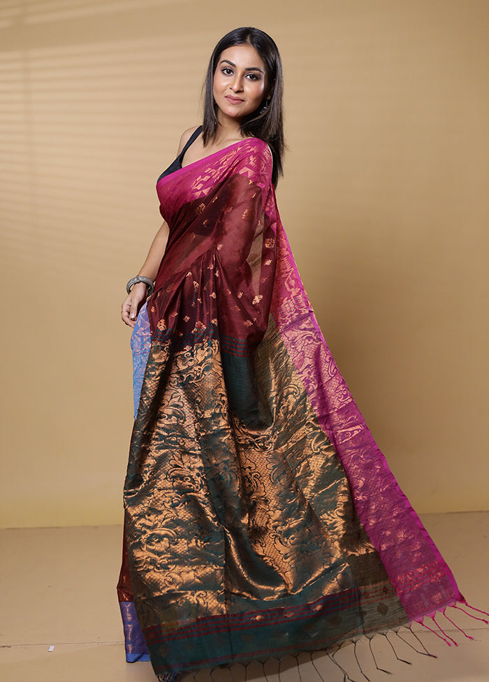 Maroon Cotton Saree With Blouse Piece