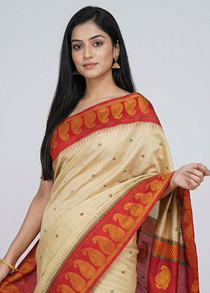 Cream Kanjivaram Silk Saree With Blouse Piece