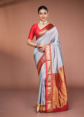 Grey Kanjivaram Silk Saree With Blouse Piece