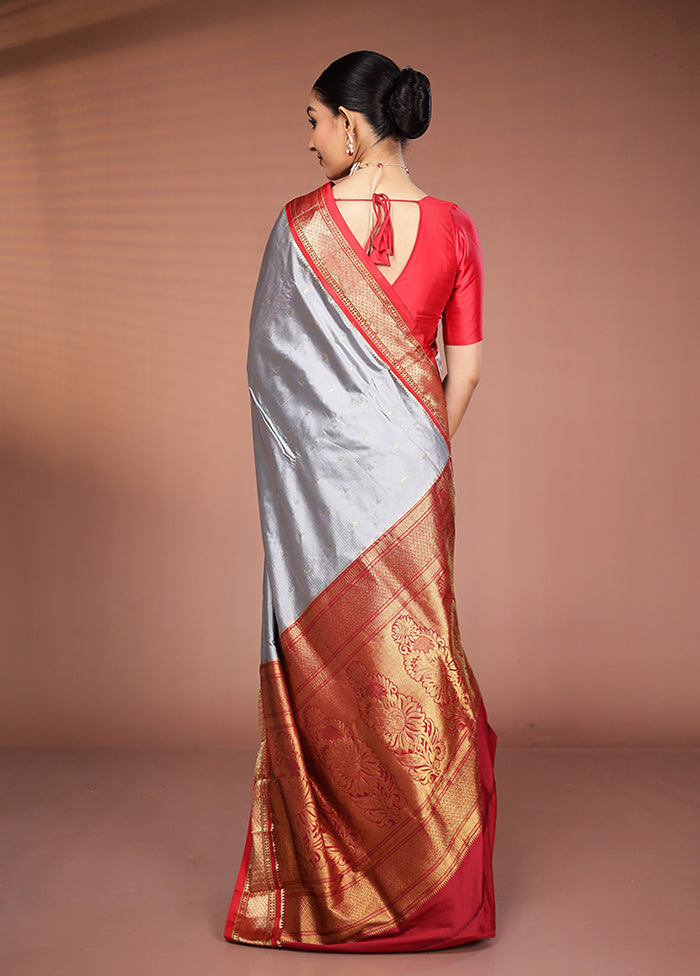 Grey Kanjivaram Silk Saree With Blouse Piece