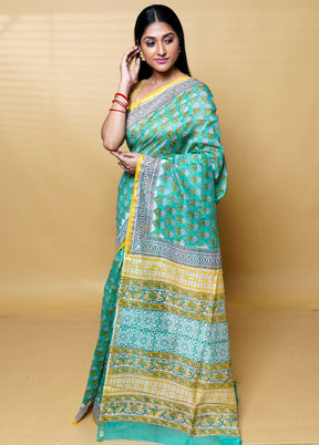 Green Chanderi Cotton Saree With Blouse Piece