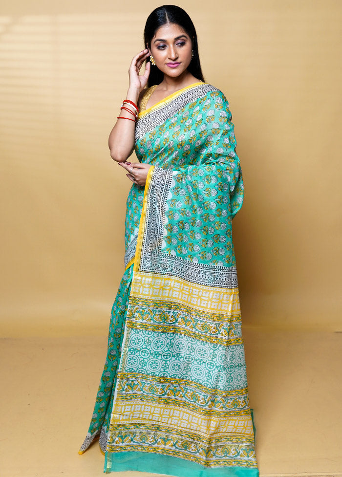 Green Chanderi Cotton Saree With Blouse Piece