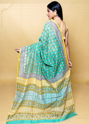 Green Chanderi Cotton Saree With Blouse Piece