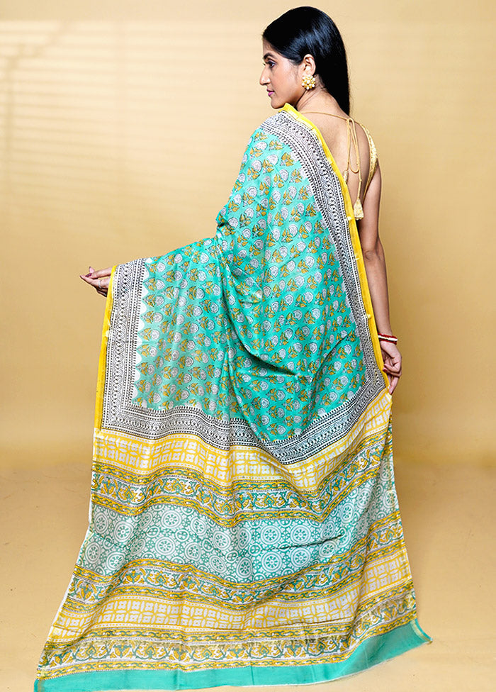 Green Chanderi Cotton Saree With Blouse Piece