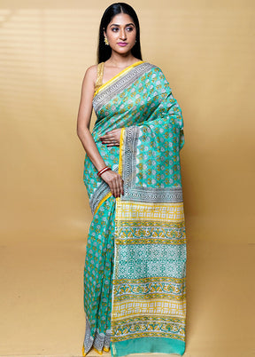 Green Chanderi Cotton Saree With Blouse Piece
