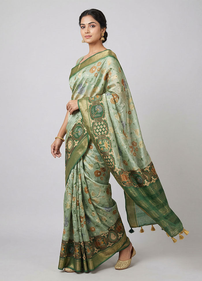Green Dupion Silk Saree With Blouse Piece