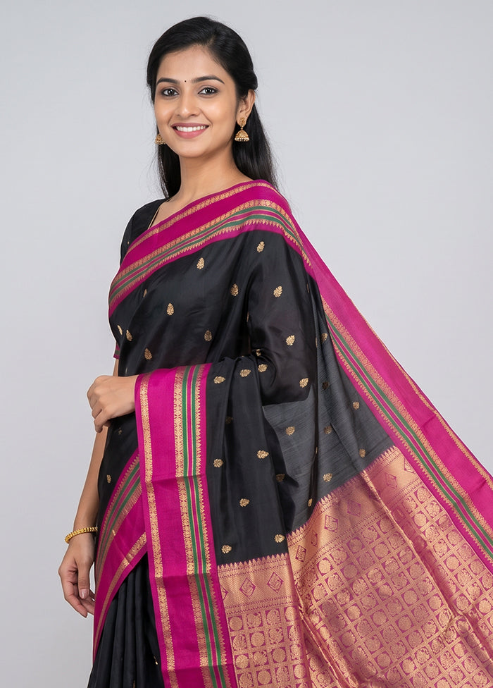 Black Handloom Kanjivaram Pure Silk Saree With Blouse Piece