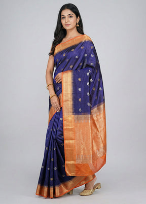 Purple Handloom Kanchipuram Pure Silk Saree With Blouse Piece