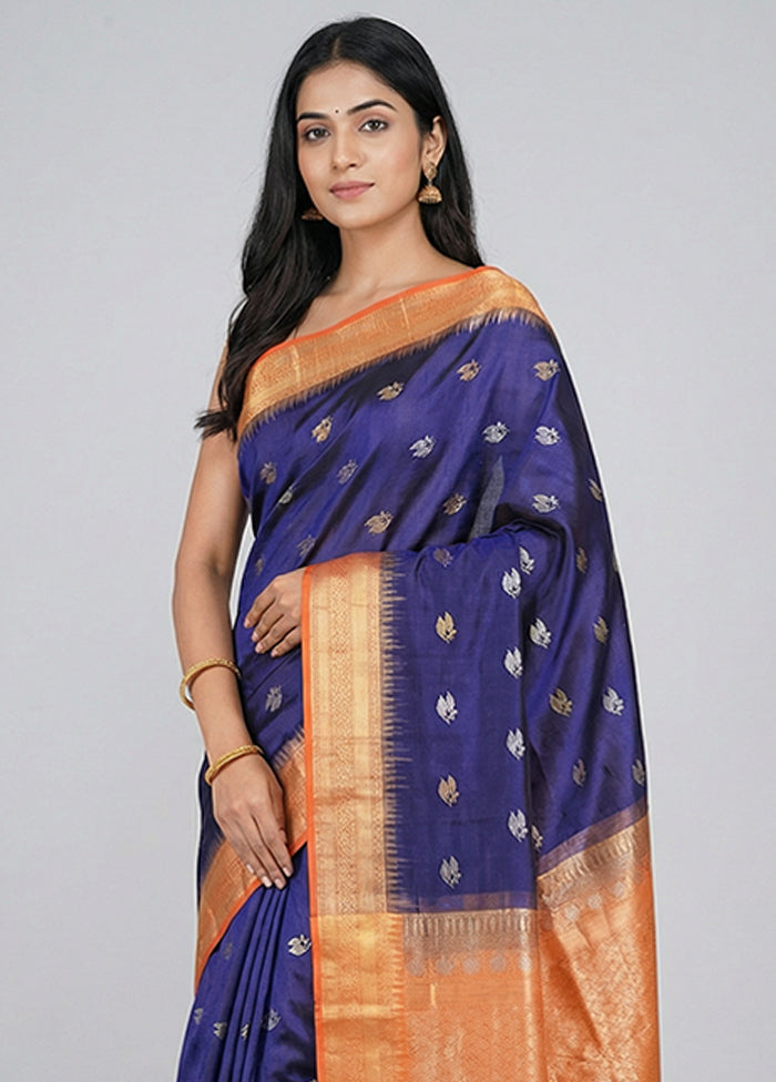 Purple Handloom Kanchipuram Pure Silk Saree With Blouse Piece