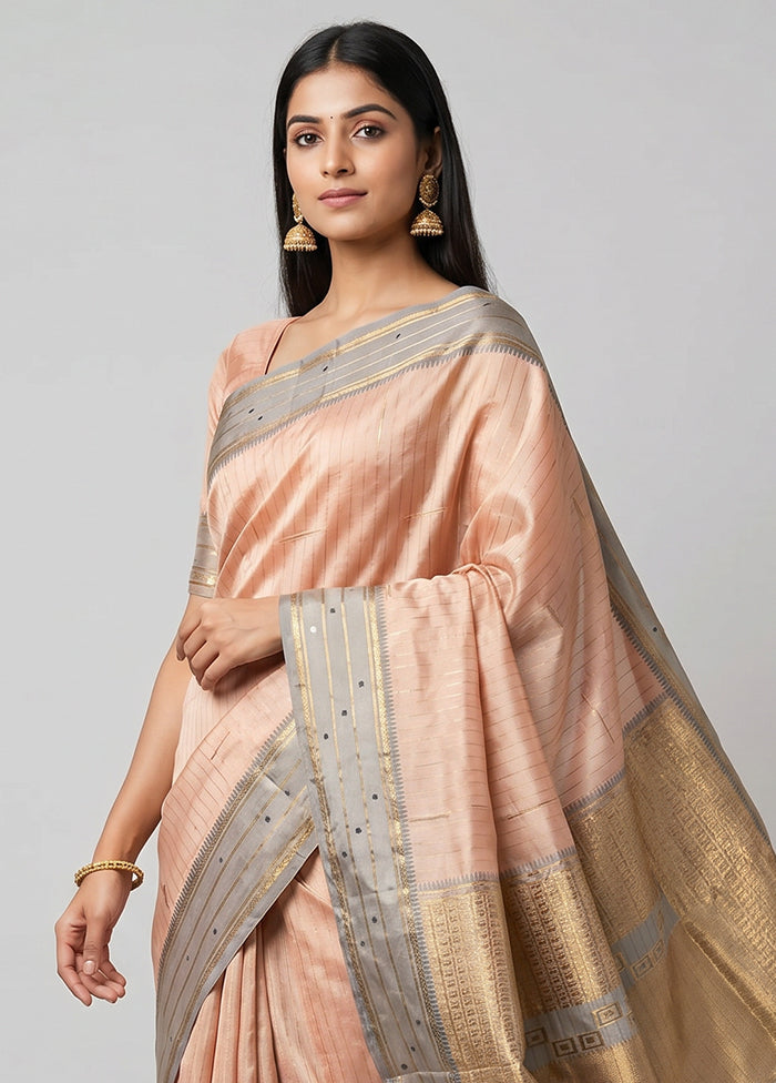 Cream Handloom Kanjivaram Pure Silk Saree With Blouse Piece