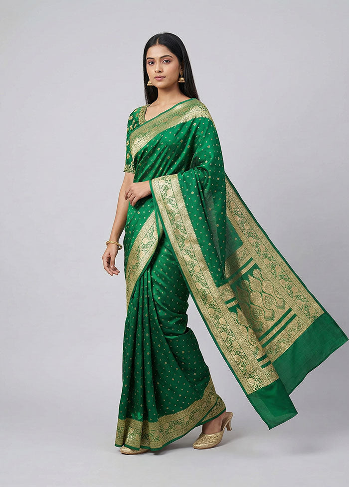 Green Handloom Banarasi Pure Silk Saree With Blouse Piece