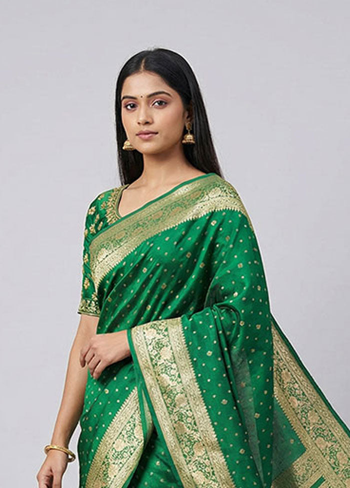 Green Handloom Banarasi Pure Silk Saree With Blouse Piece