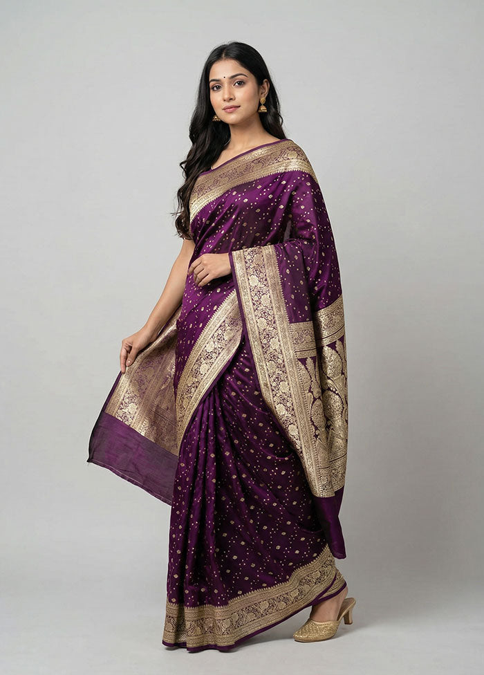Purple Handloom Banarasi Pure Silk Saree With Blouse Piece