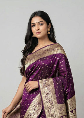 Purple Handloom Banarasi Pure Silk Saree With Blouse Piece
