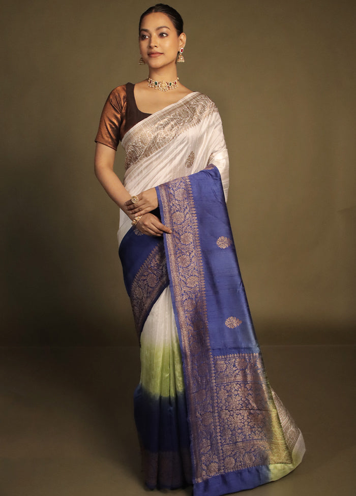 White Handloom Tussar Pure Silk Saree With Blouse Piece
