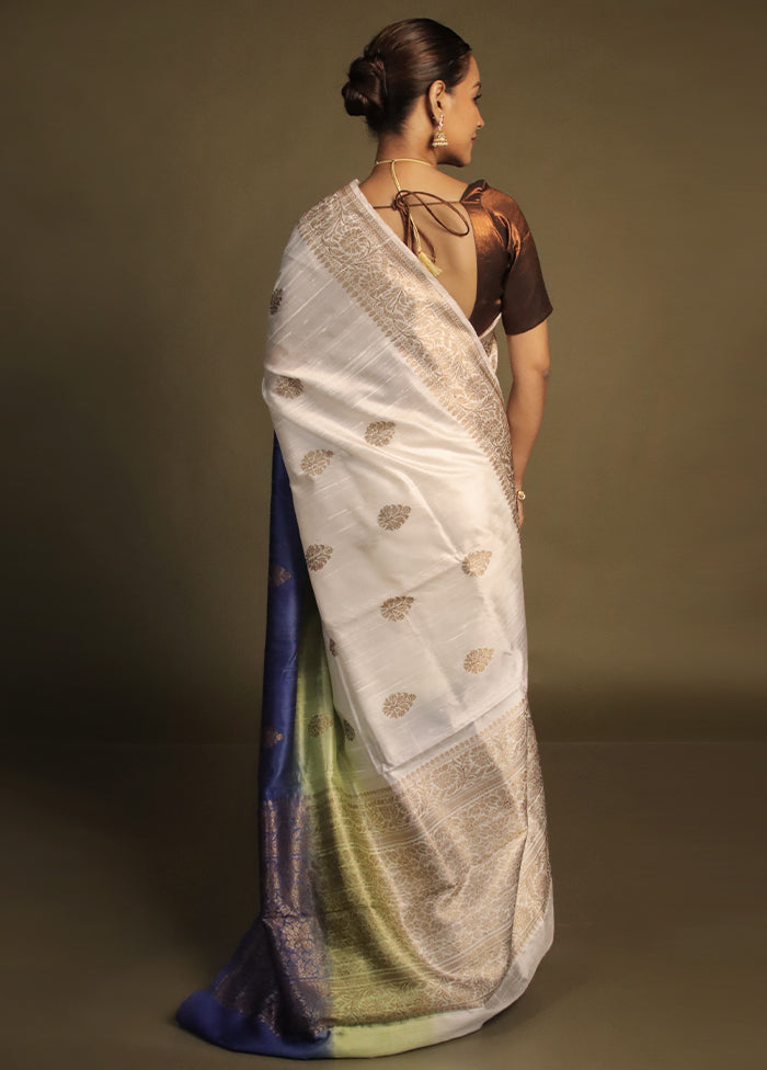 White Handloom Tussar Pure Silk Saree With Blouse Piece