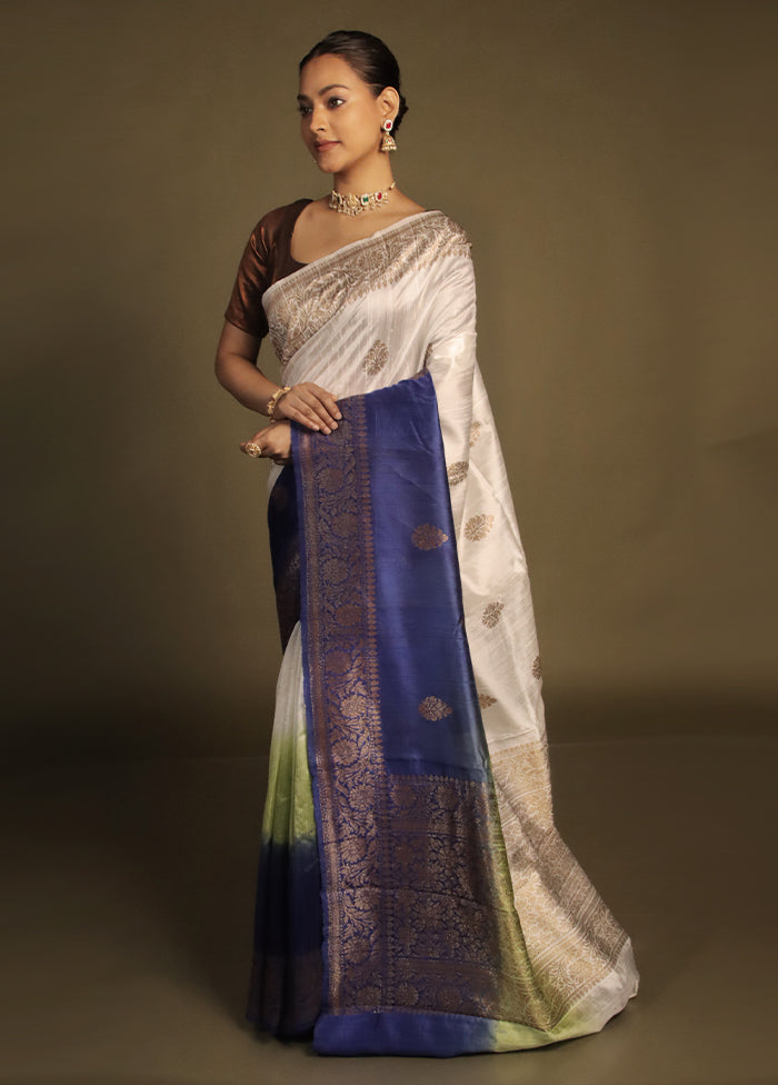 White Handloom Tussar Pure Silk Saree With Blouse Piece