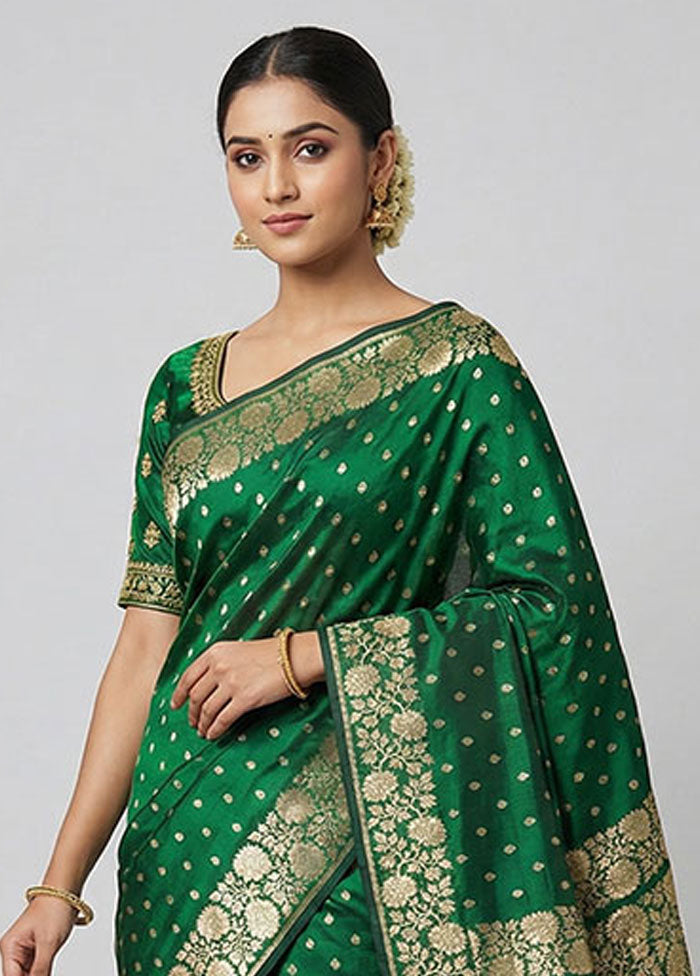 Green Handloom Banarasi Pure Silk Saree With Blouse Piece