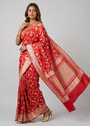 Red Dupion Silk Saree With Blouse Piece