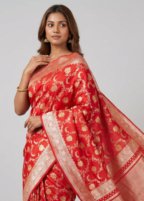Red Dupion Silk Saree With Blouse Piece