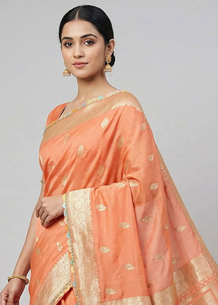 Peach Dupion Silk Saree With Blouse Piece
