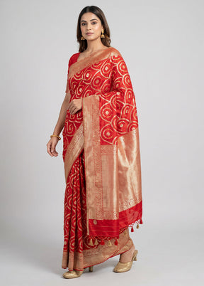 Red Dupion Silk Saree With Blouse Piece