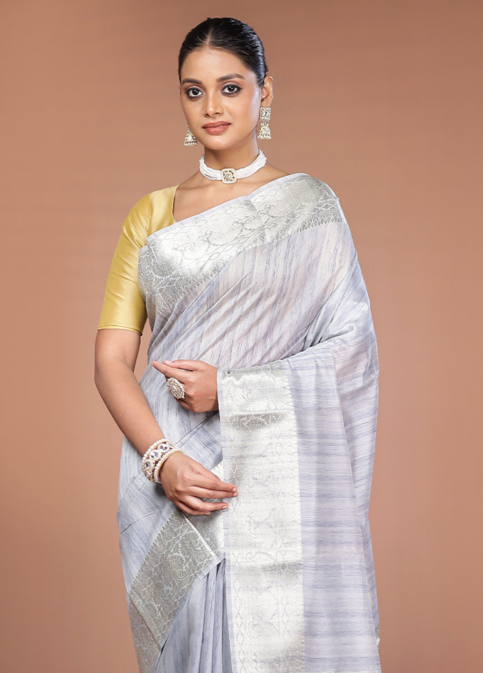 Grey Dupion Silk Saree With Blouse Piece