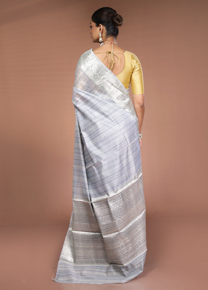 Grey Dupion Silk Saree With Blouse Piece