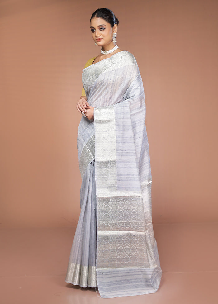 Grey Dupion Silk Saree With Blouse Piece