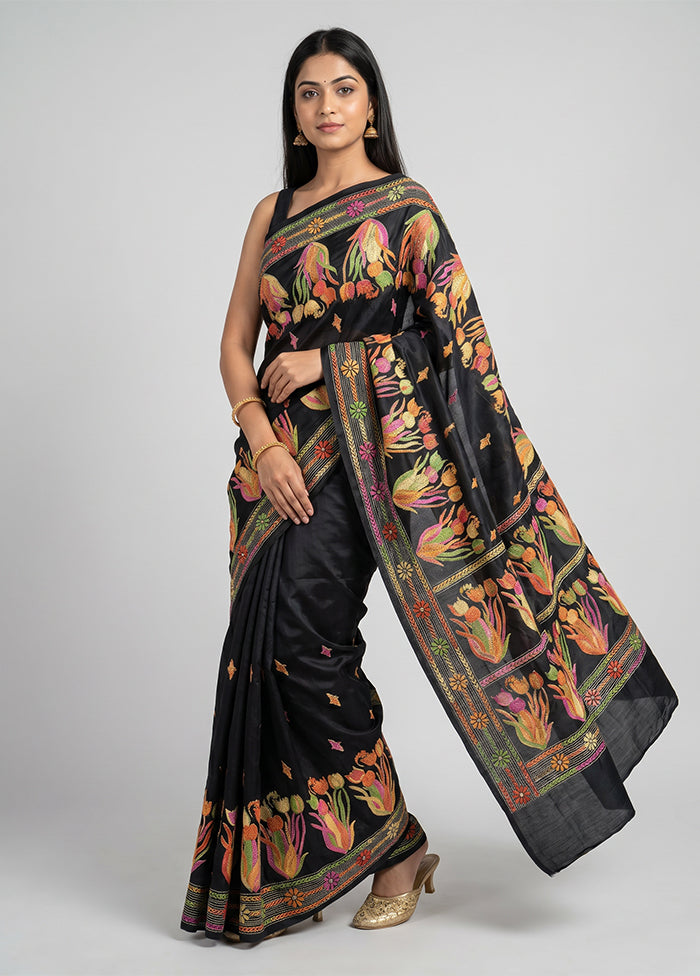 Black Kantha Stitch Silk Saree With Blouse Piece