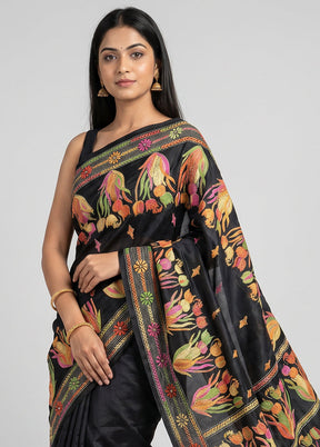 Black Kantha Stitch Silk Saree With Blouse Piece