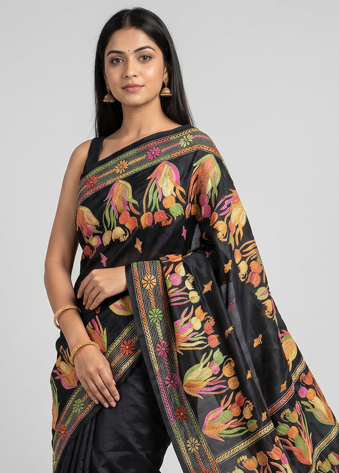 Black Kantha Stitch Silk Saree With Blouse Piece