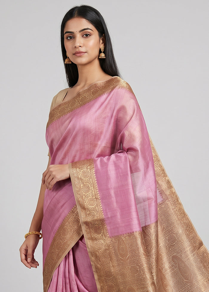 Purple Handloom Tussar Pure Silk Saree With Blouse Piece